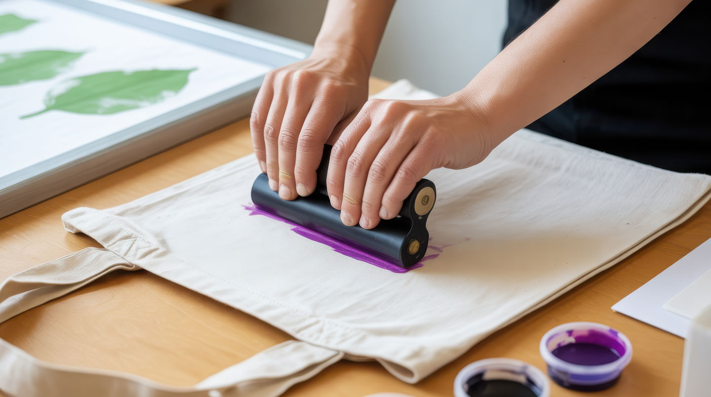 Contrôle qualité à la loupe d'un logo sérigraphié sur tote bag coton écru, technicien en gants inspectant la précision de l'impression textile